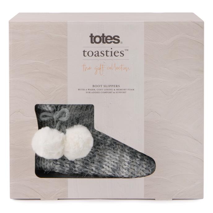 totes Ladies Knitted Boot Slippers With Pom Pom Grey Extra Image 1